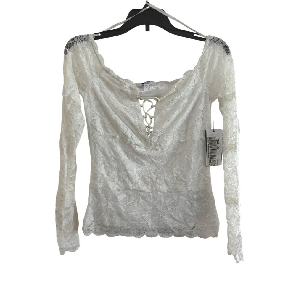 Guess Lace Long Sleeve Top Womens XS Nylon Spandex White Floral Lace-Up Boho